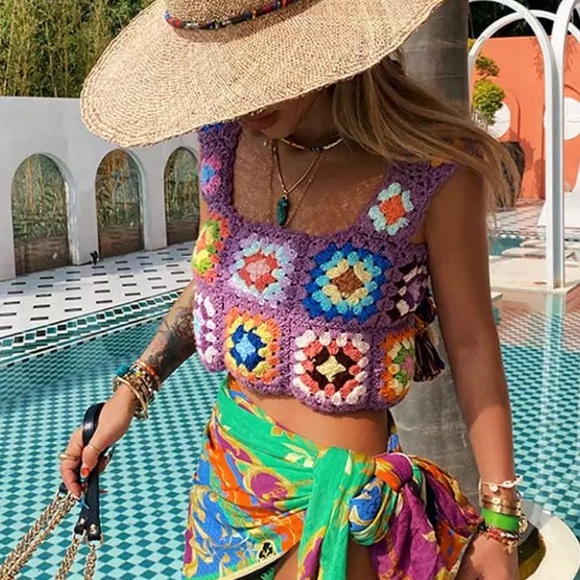 Tops - Lavender Multi Color Colorful Handmade Crochet Sleeveless Cropped Crop Tank Top